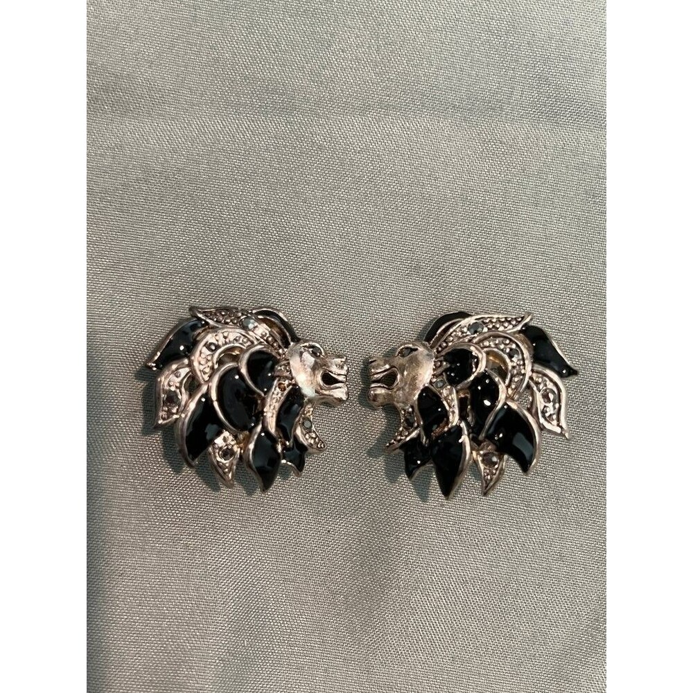 Vintage Lion Head Black Enamel and Rhinestone Clip-On Earrings